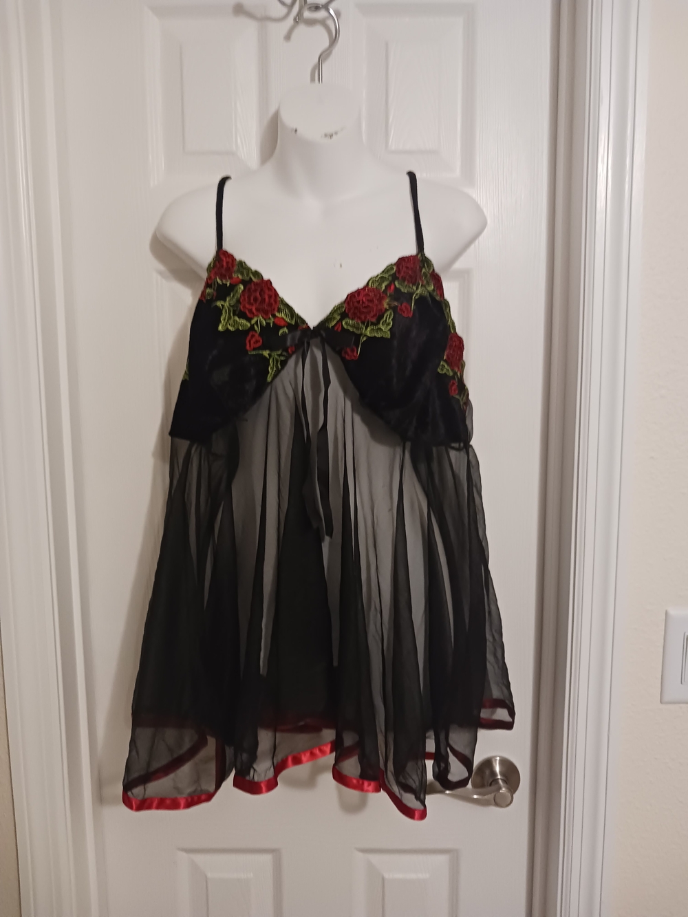 Sheer Black Babydoll Topwith Red Rose Embroidery Whimsygoth 3X